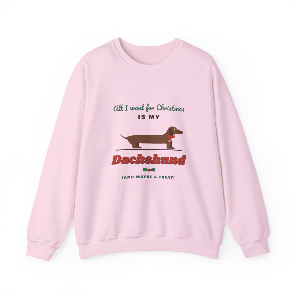 All I Want for Christmas Is My Dachshund sweatshirt in Light Pink, wiener dog Christmas crewneck