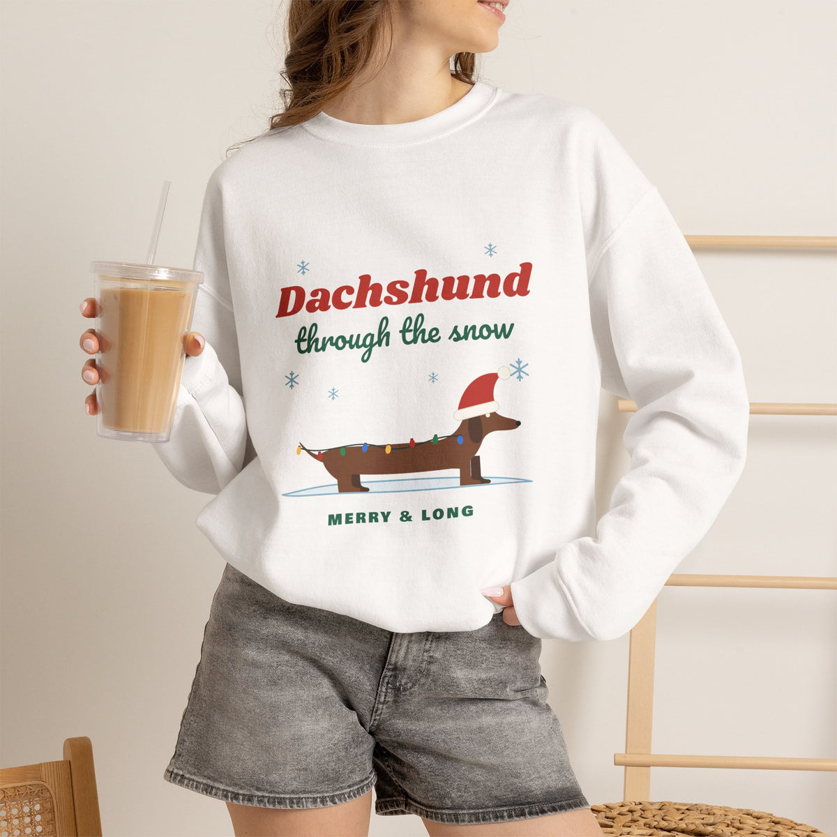 Dachshund Through the Snow Christmas sweatshirt in White, wiener dog holiday crewneck