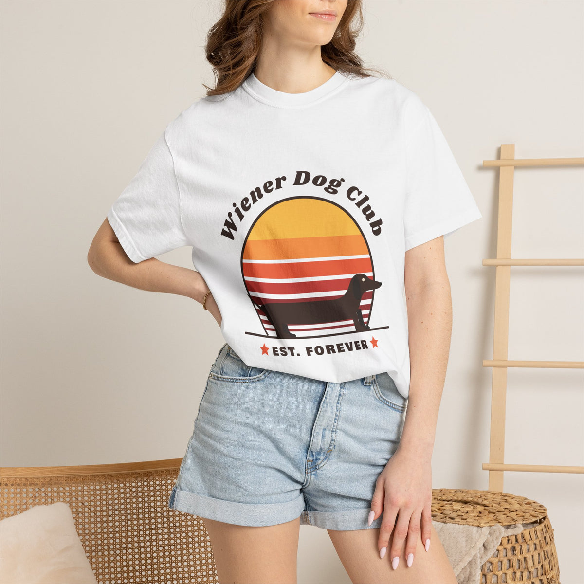 Wiener Dog Club retro sunset Dachshund t-shirt in White, Comfort Colors tee