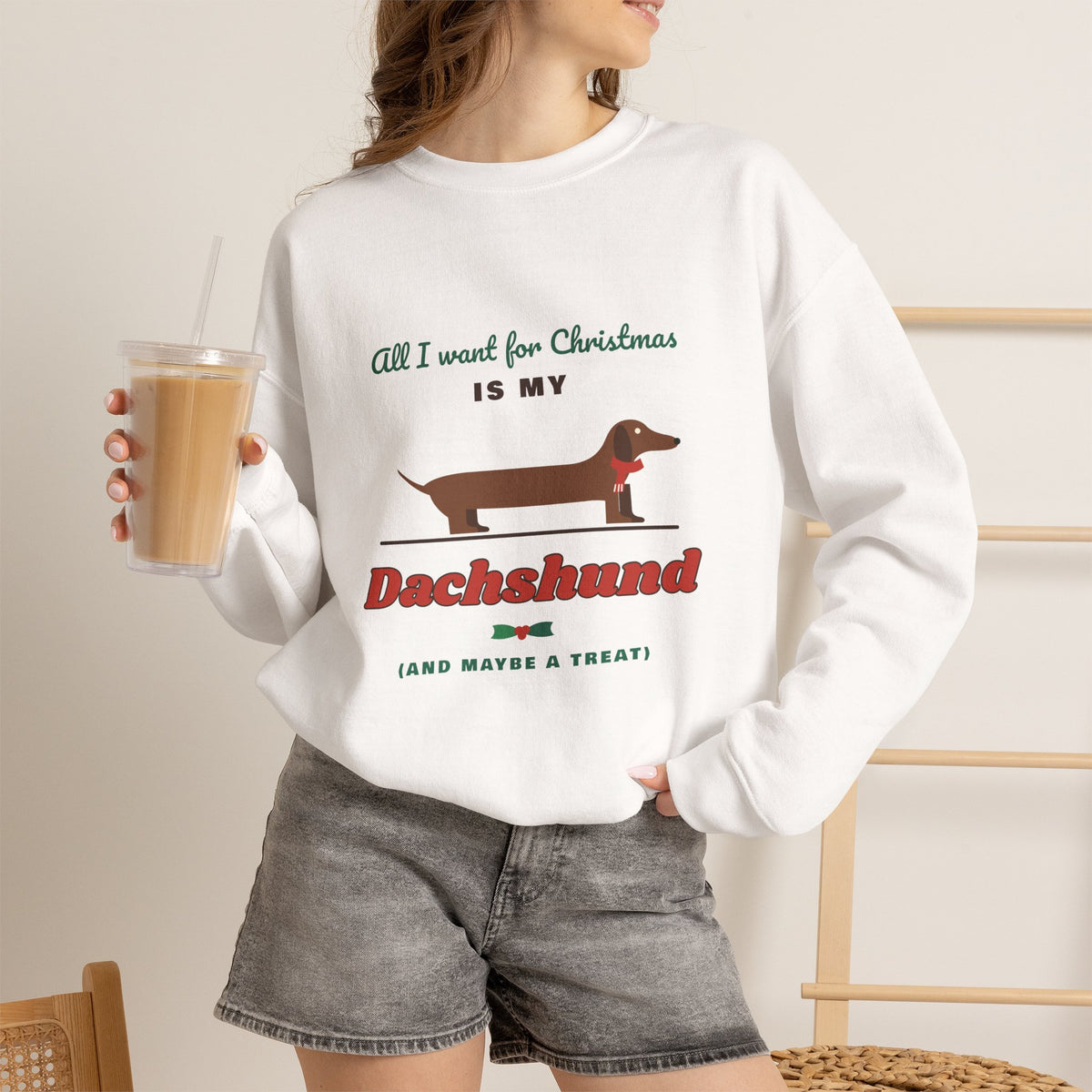 All I Want for Christmas Is My Dachshund sweatshirt in White, wiener dog Christmas crewneck