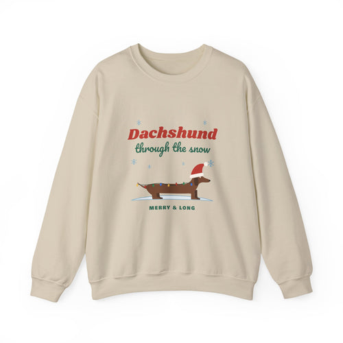 Dachshund Through the Snow Christmas sweatshirt in Sand, wiener dog holiday crewneck