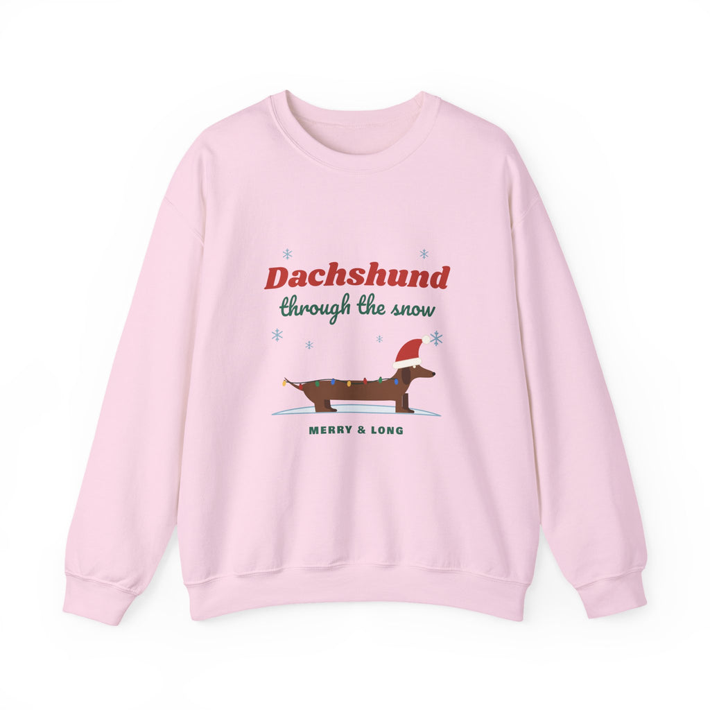 Dachshund Through the Snow Christmas sweatshirt in Light Pink, wiener dog holiday crewneck